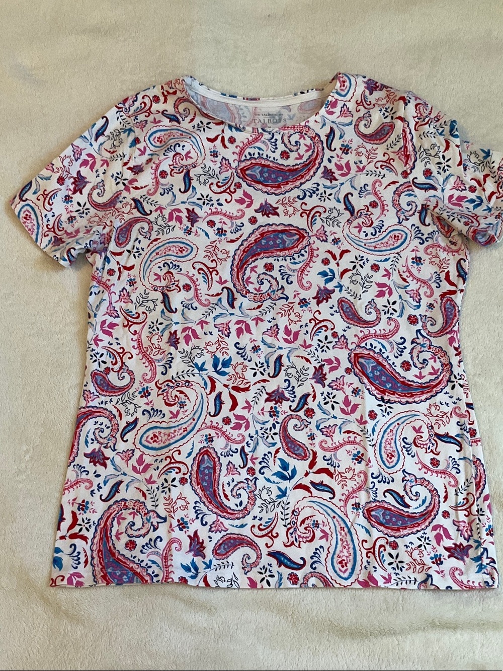 Talbots Paisley Crewneck Tee in White, Pink & Blue